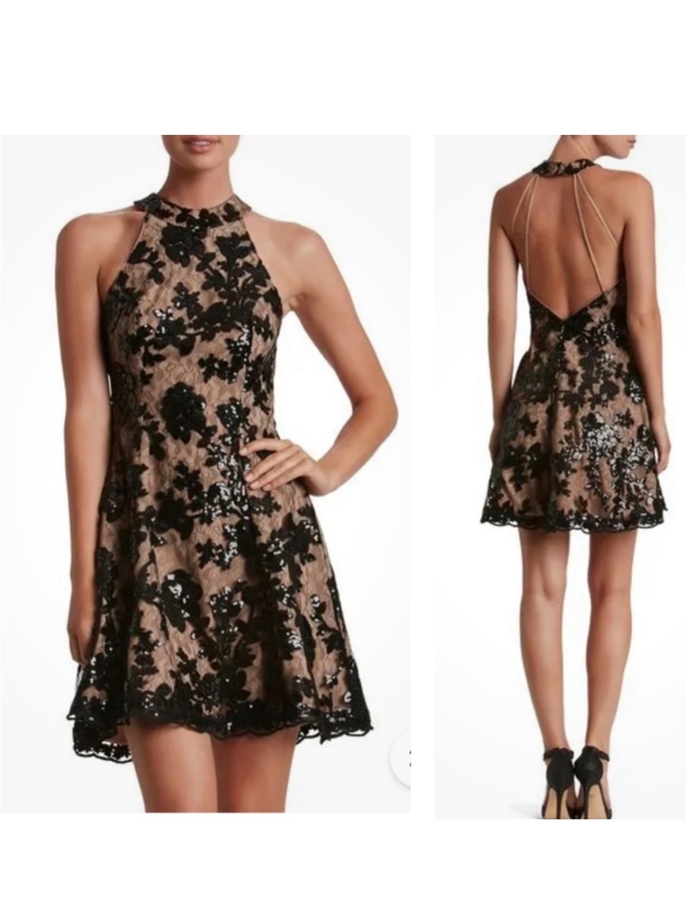 Dress the Population Blush and Black Sequin Floral Backless Dress
